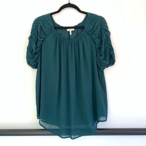 Joie Silk Ruched Short Sleeve Flowy Top Emerald Jeweltone Office Career Workwear